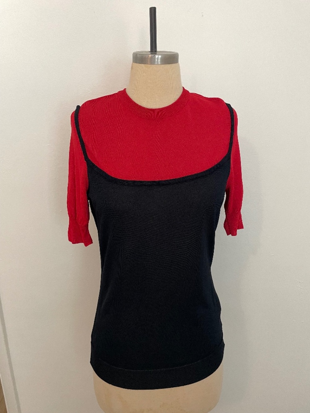 Vintage Moschino Knit Tank Over T Shirt, Y2K 90s Color Block Navy Red, Size 10 L